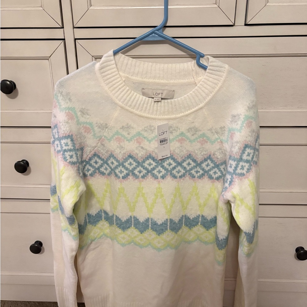 LOFT Women's Sweater with Pastel Blue and Yellow Pattern
